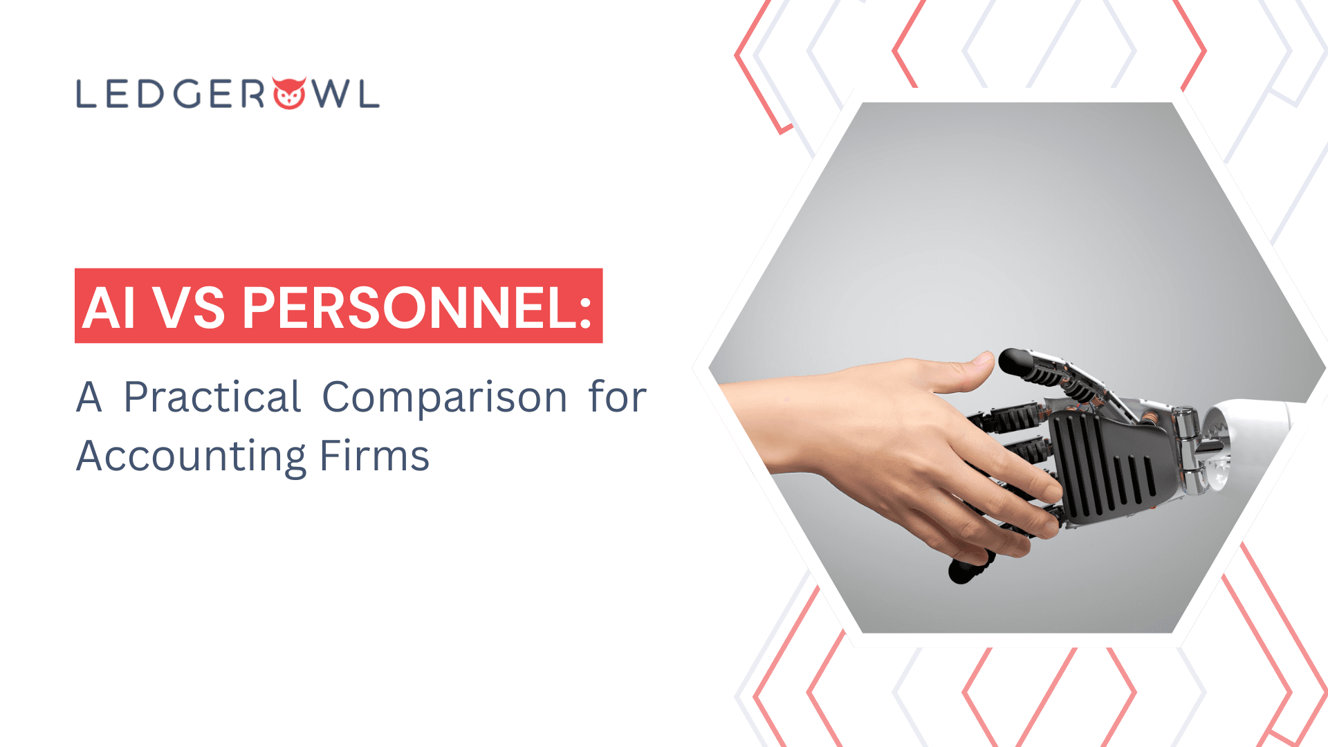 Human hand shaking a robotic hand, representing AI vs Personnel comparison for accounting firms